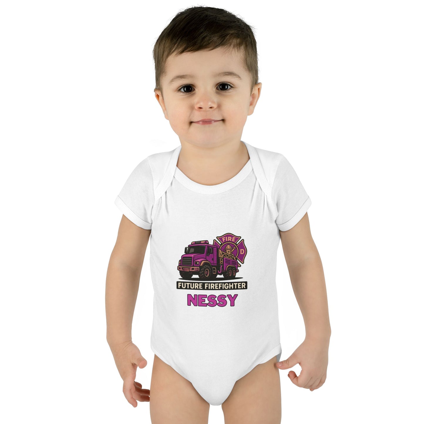 Personalised Future Firefighter Pink Truck & Badge Onesie