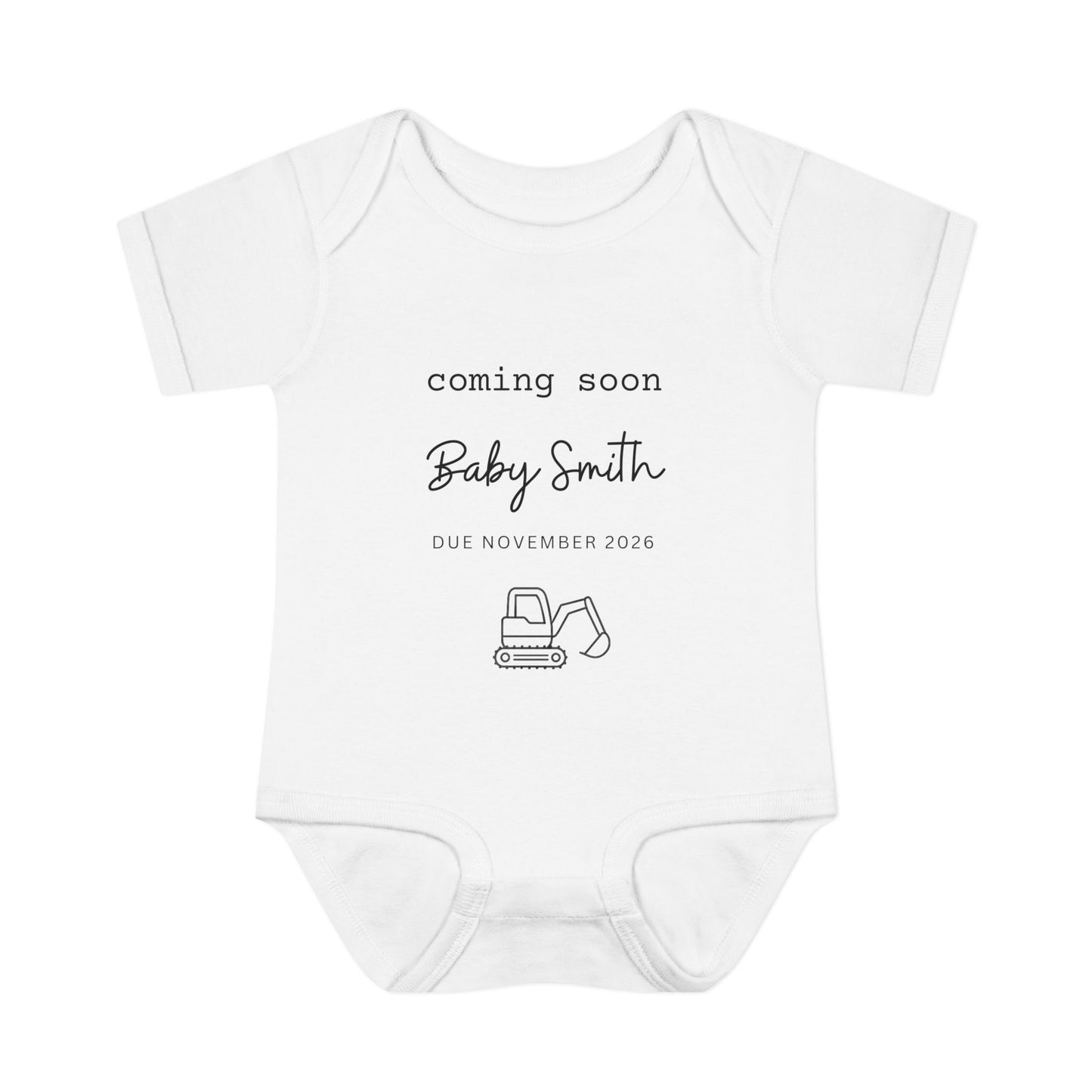 Personalised Black and White Baby Coming Soon Digger Baby Onesie