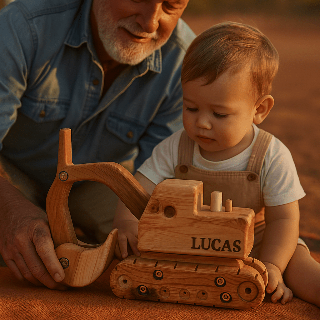 Man and child playing with wooden toy bulldozer on a warm-toned background