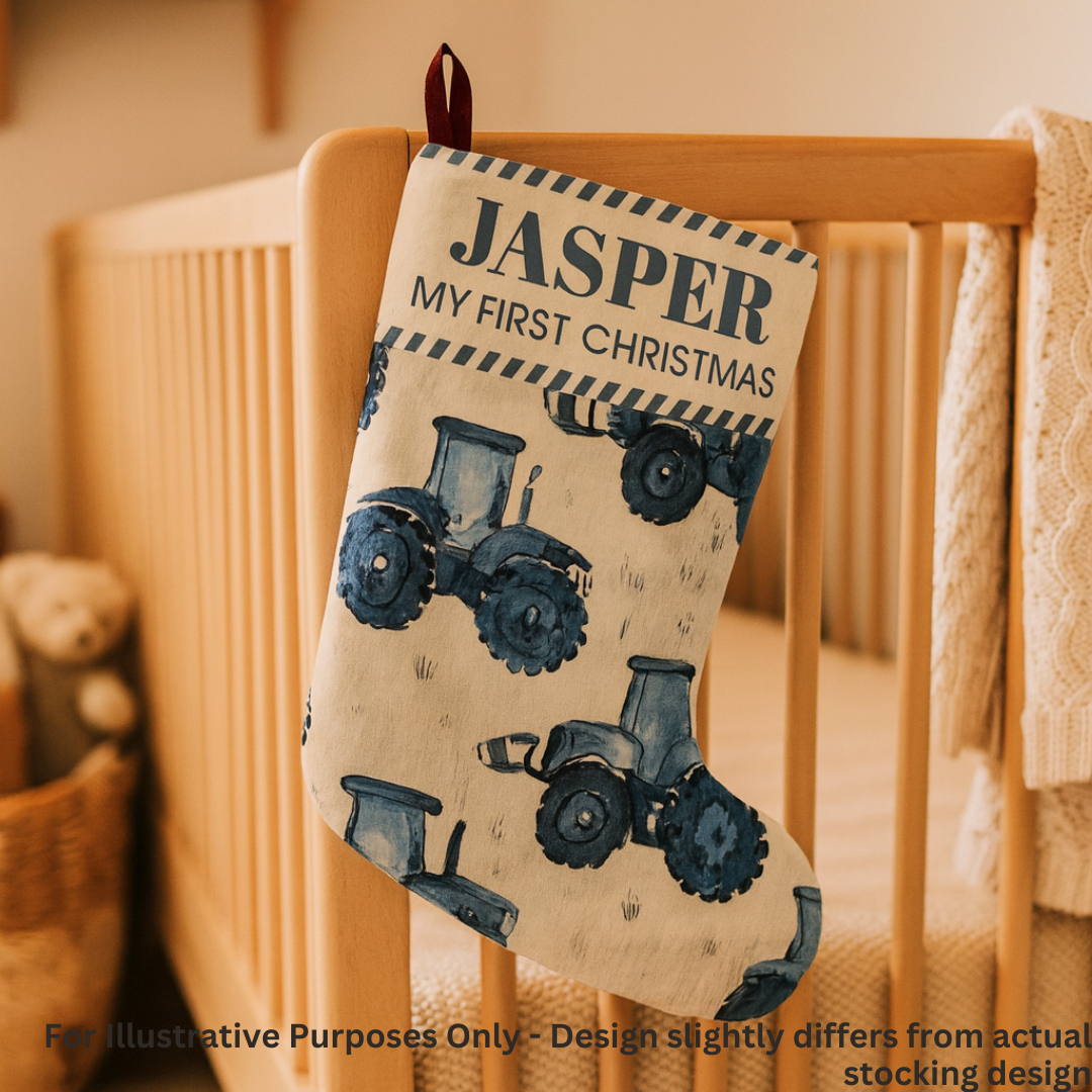 Personalised Blue Tractor First Christmas Stocking
