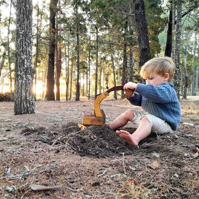 A young boy happily playing with Heirloom Handmade Wooden Excavator outdoors. In evening, sun is setting. Luxury, exclusive.
