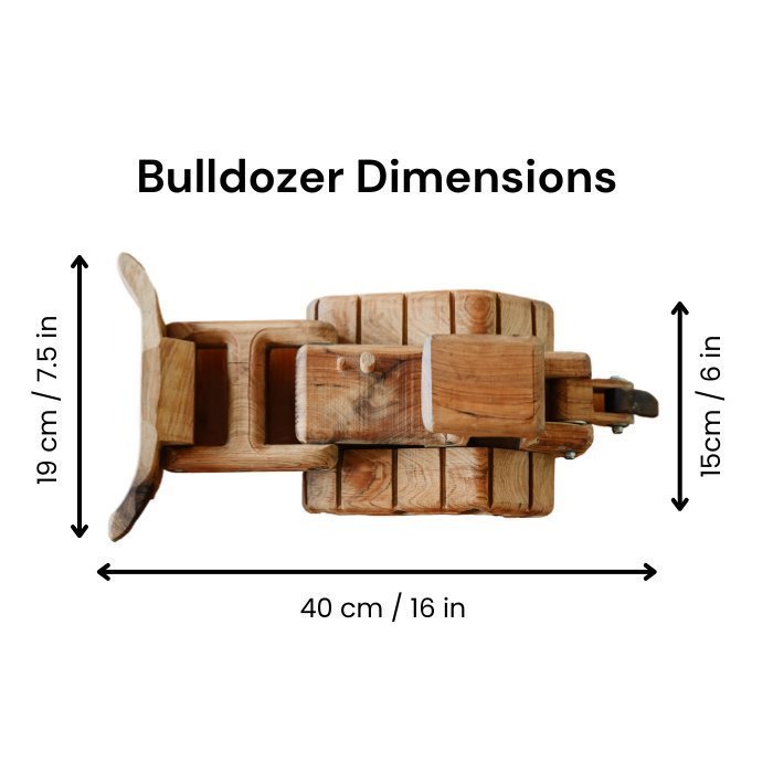 Ballard Bear handmade wooden bulldozer dimensions. Looking down from a birdseye view. Showcasing large size and durable features such as treat and sturdy blade.