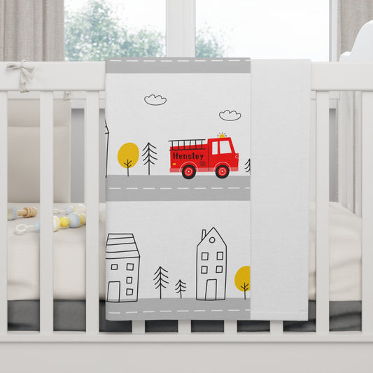 Cute Personalised Fire Truck Baby Fleece Blanket