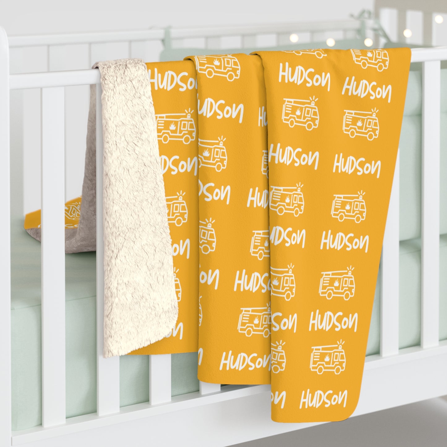 Personalised Name and Fire Truck Sherpa Blanket