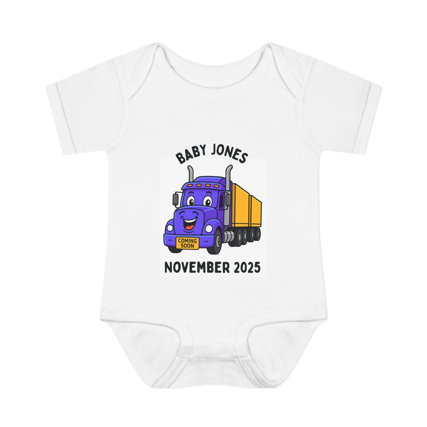 Personalised Baby Coming Soon - Smiling Purple Road Train