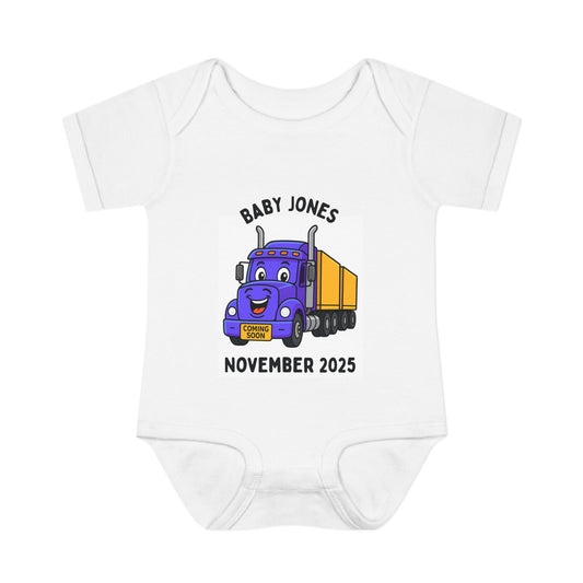 Personalised Baby Coming Soon - Smiling Purple Road Train