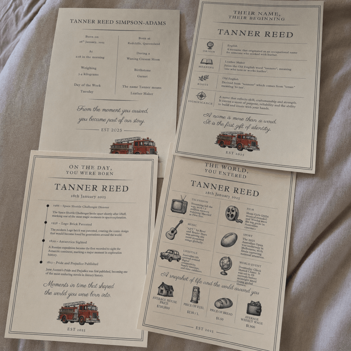 Personalised Wooden Fire Trucks Heirlooms Displayed with Twin Birthday Cakes in an Australian Modern Luxury Farmhouse.