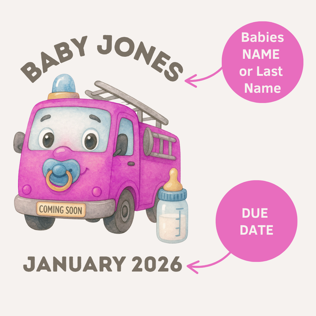 Personalised Cute Fire Truck Pink Baby Announcement
