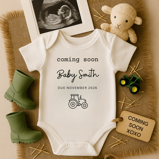 Personalised Black and White Baby Coming Soon Tractor Onesie