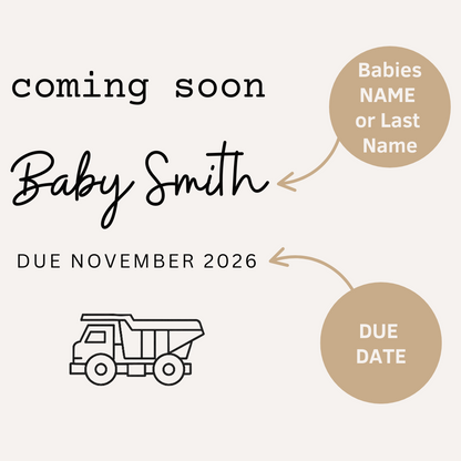 Personalised Black and White Baby Coming Soon Dump Truck Onesie
