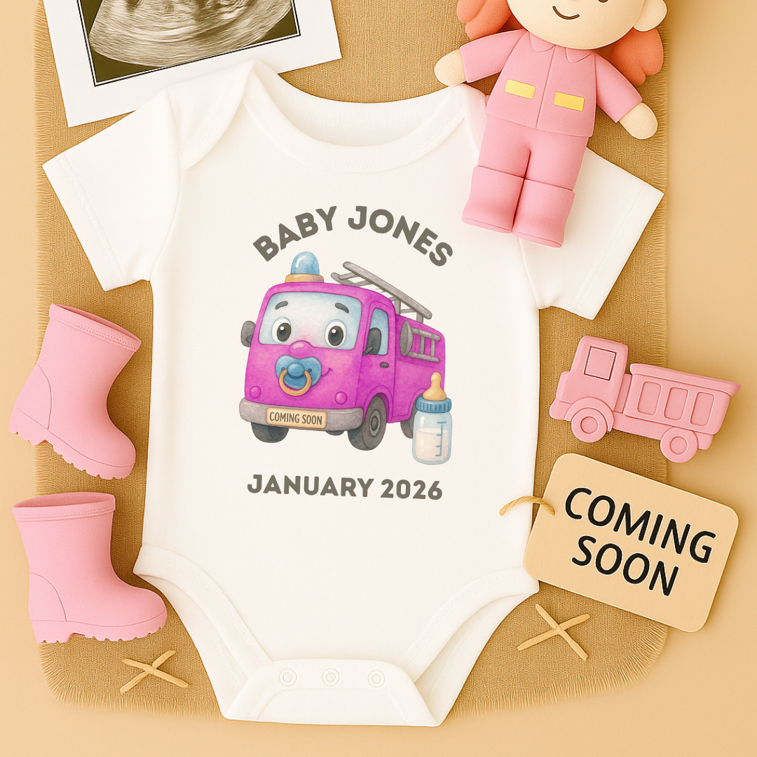 Personalised Cute Fire Truck Pink Baby Announcement
