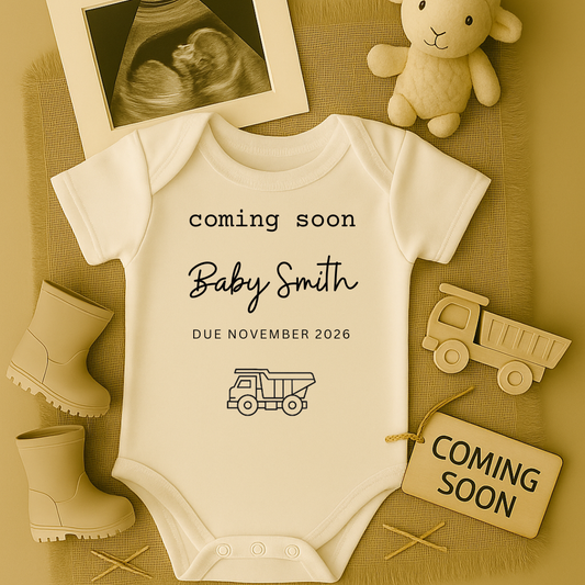 Personalised Black and White Baby Coming Soon Dump Truck Onesie