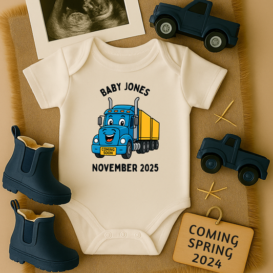 Personalized Baby Coming Soon - Smiling Blue Road Train