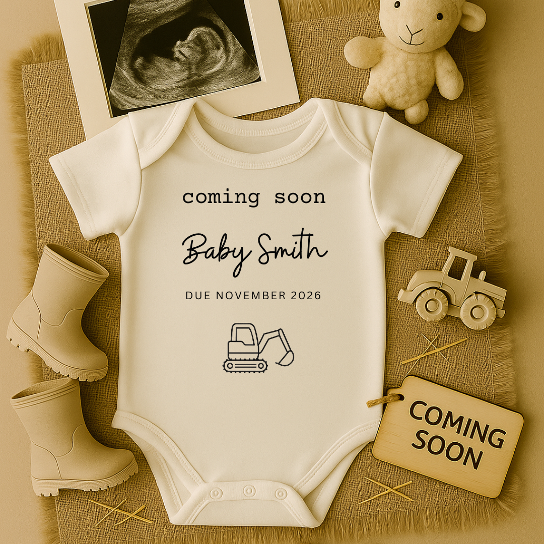 Personalised Black and White Baby Coming Soon Digger Baby Onesie