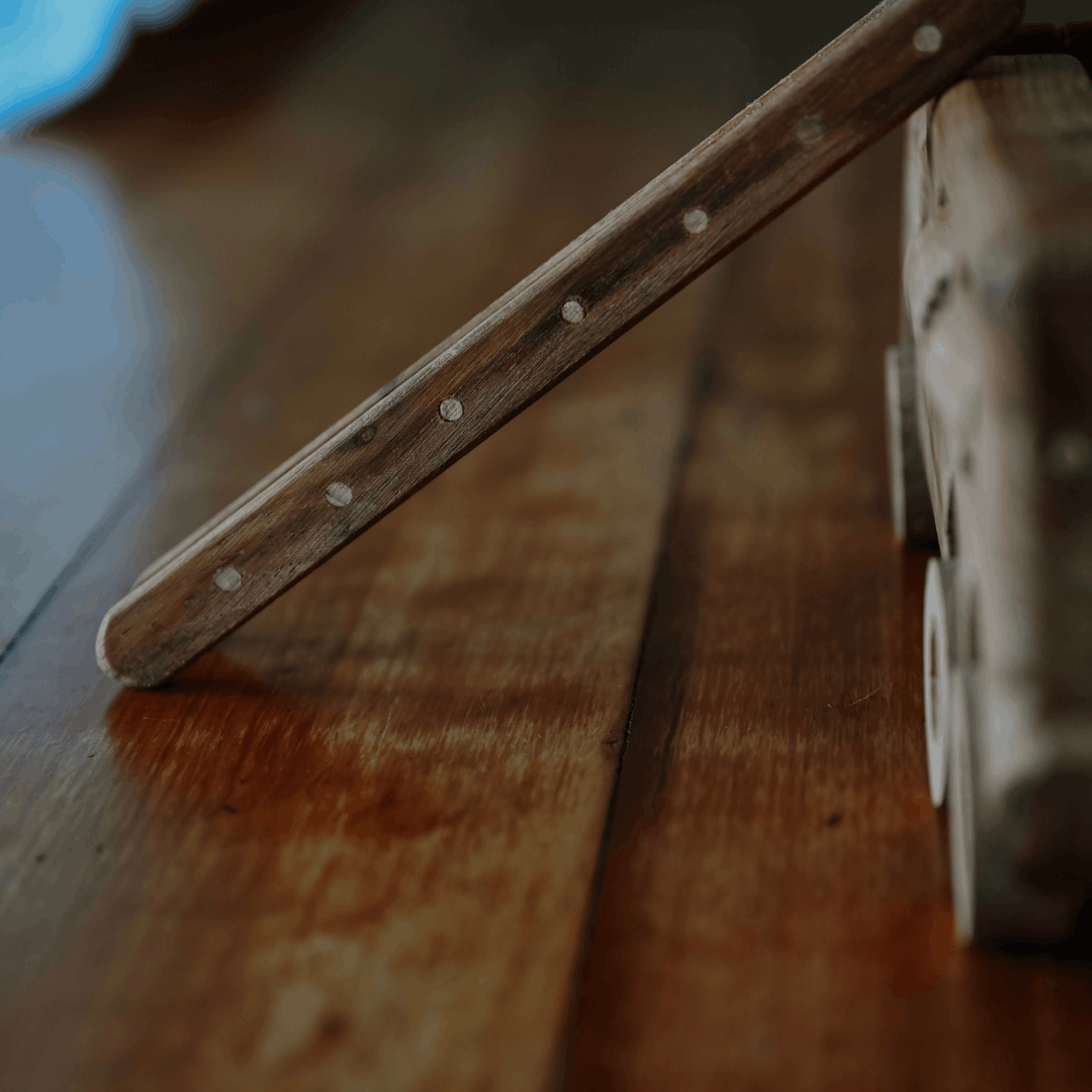 CLose up of a wooden Firetruck ladder