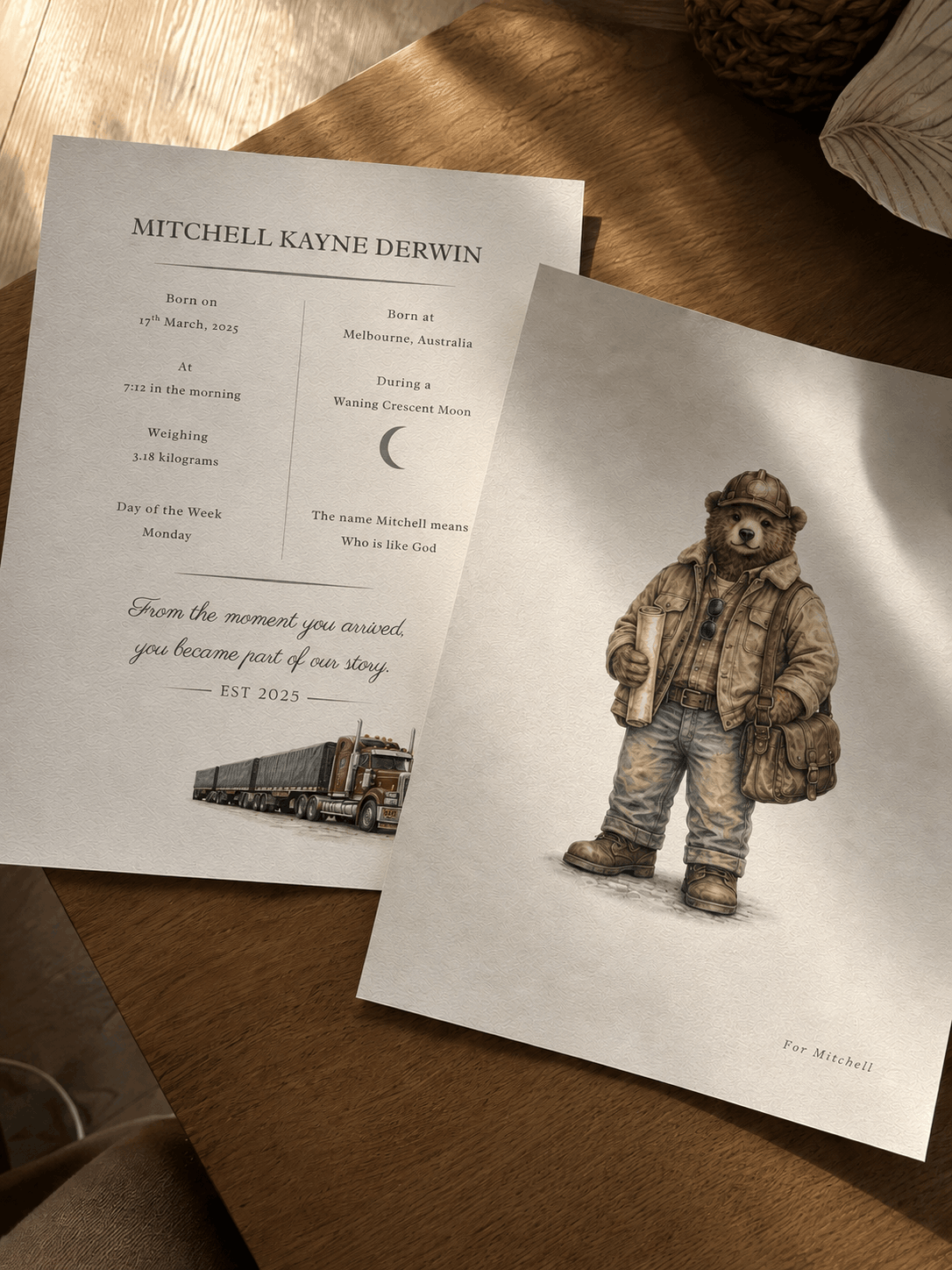 A Personalised Birth Archival Record and Heritage Artwork, displayed on table.