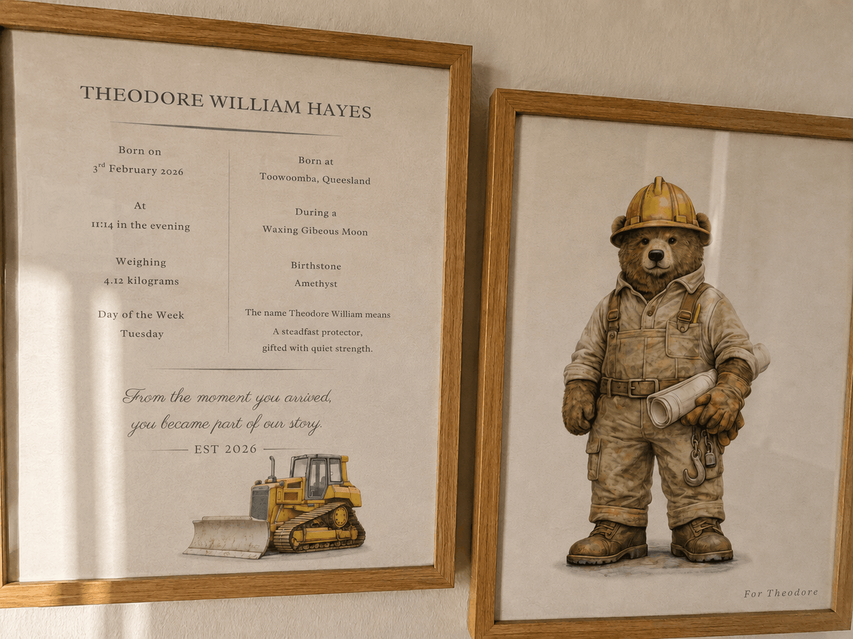 Bulldozer Archival Birth Record, framed in oak and hung on wal