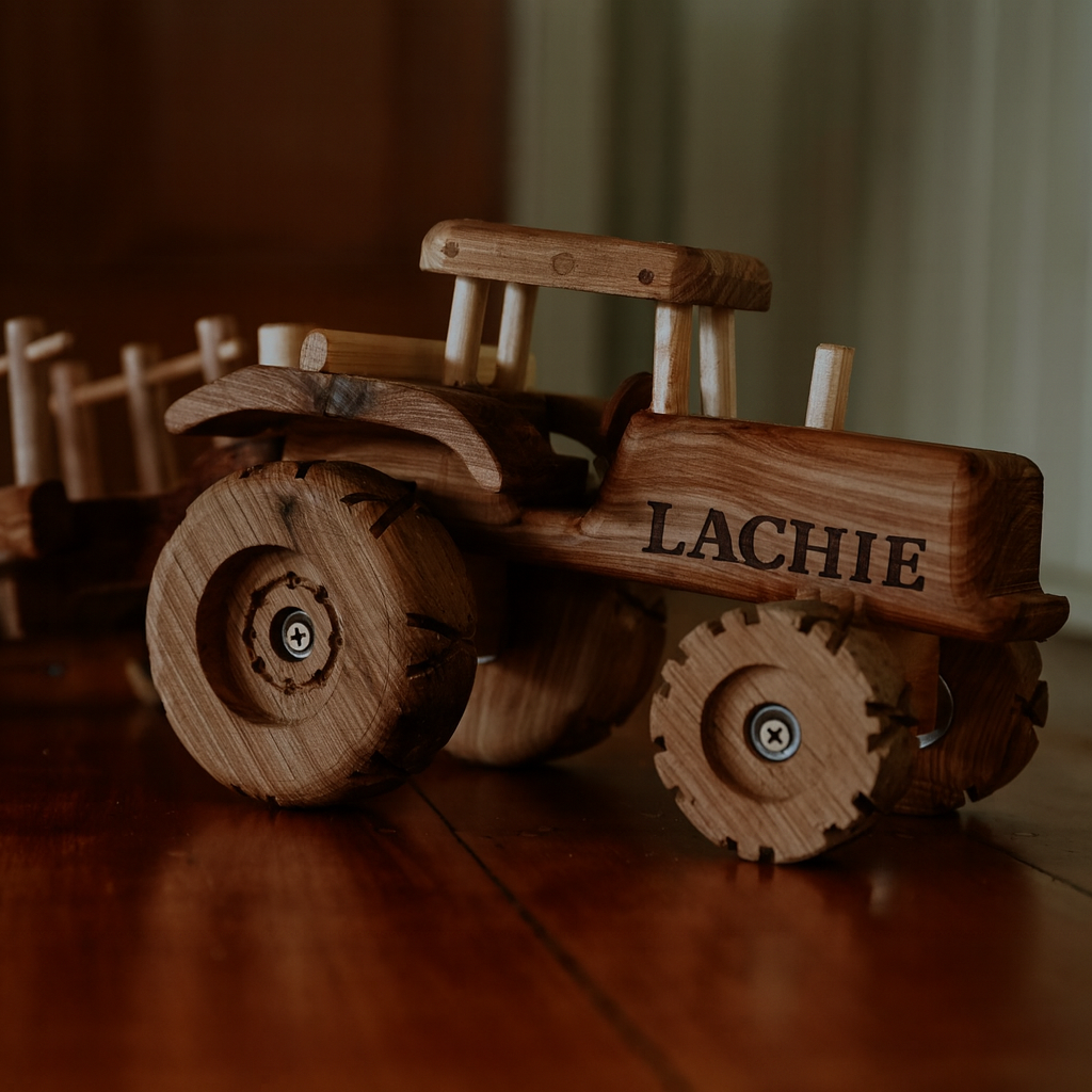 Wooden toy tractor with a trailer on a wooden surface