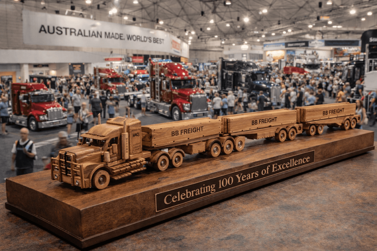 Veteran-crafted wooden truck replica on a desk