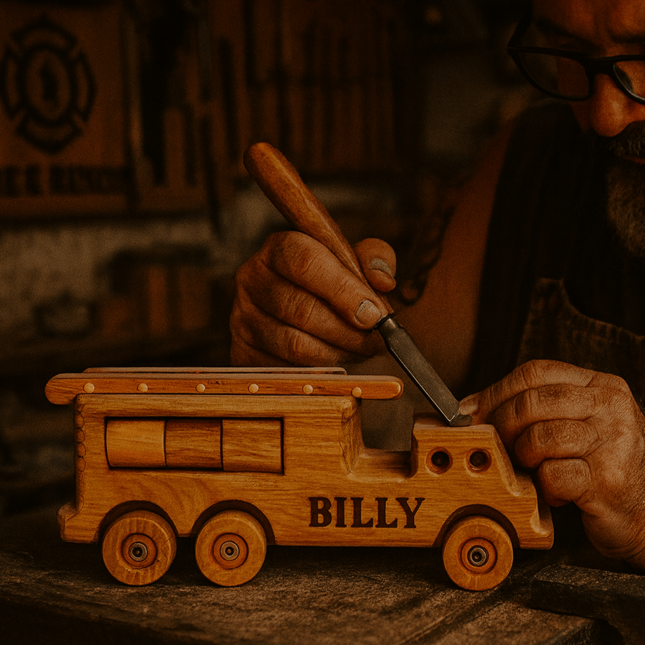Veteran craftsman engraving a wooden truck