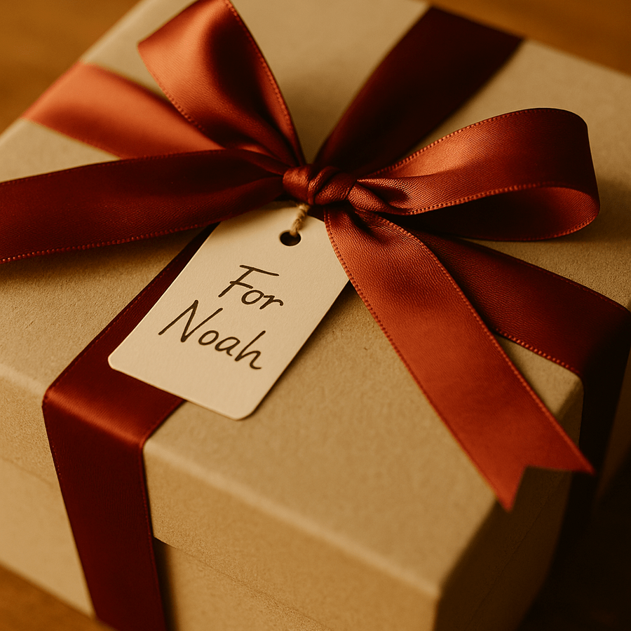 Gift wrapped heirloom with tag For Noah