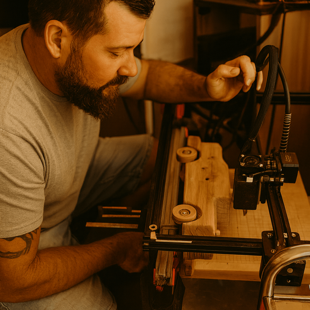 An engraving artist, sitting working at his engraving machine, calibrating it to detail a handmade wooden car. 