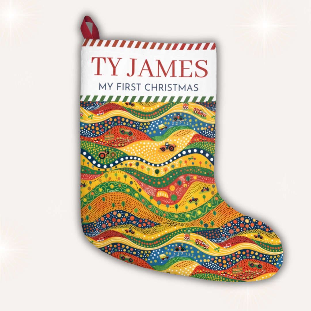 Personalised farm landscape Christmas stocking with tractors for baby’s first Christmas – Ballard Bear