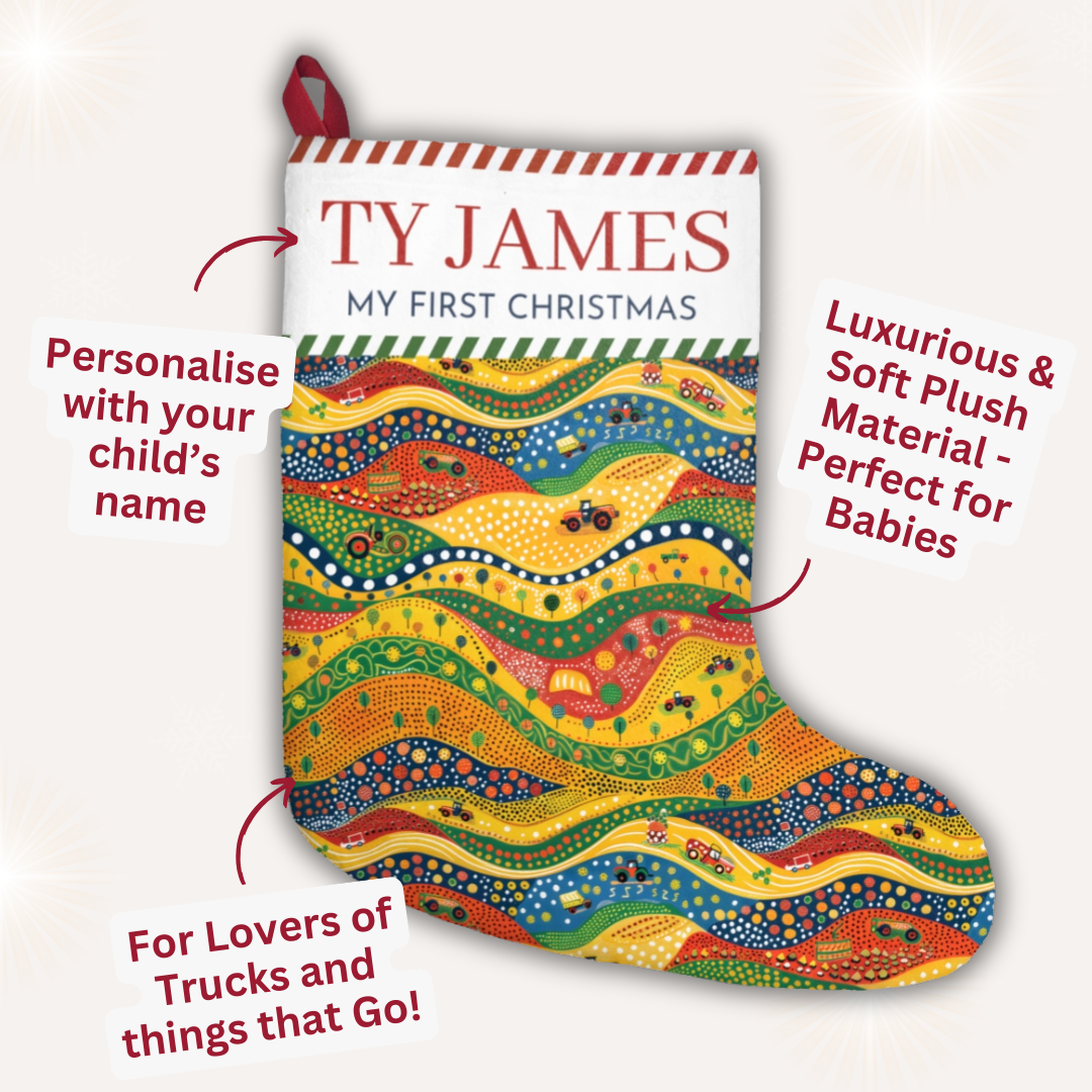 Personalised farm landscape Christmas stocking with tractors for baby’s first Christmas – Ballard Bear