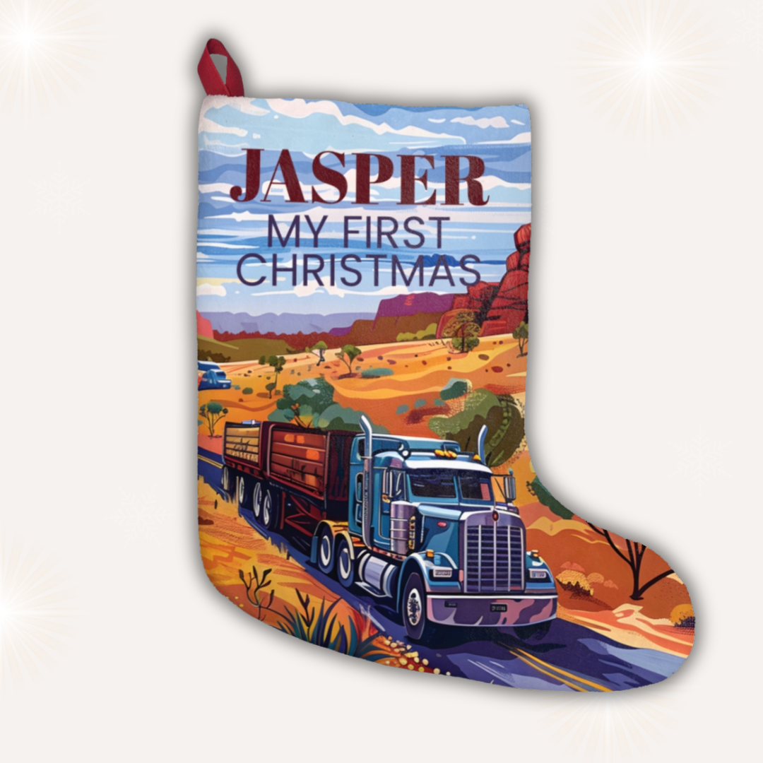 Personalised outback truck Christmas stocking for baby’s first Christmas – Ballard Bear