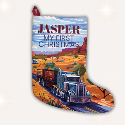Personalised outback truck Christmas stocking for baby’s first Christmas – Ballard Bear