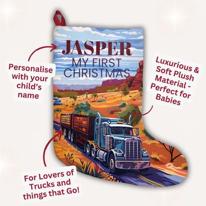 Personalised outback truck Christmas stocking for baby’s first Christmas – Ballard Bear