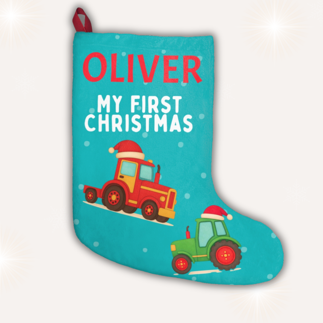 Personalised Santa tractor Christmas stocking for baby’s first Christmas – Ballard Bear
