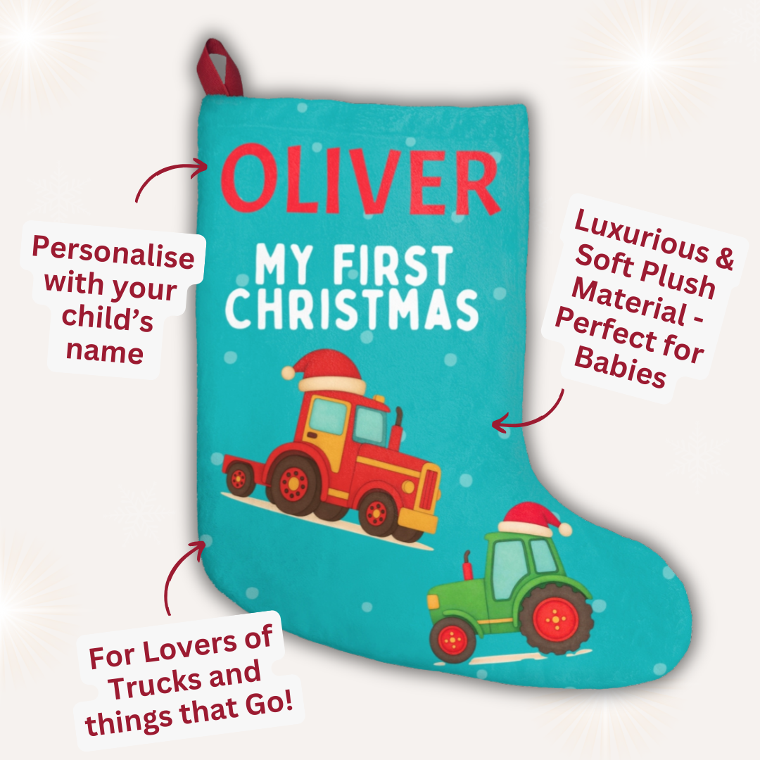 Personalised Santa tractor Christmas stocking for baby’s first Christmas – Ballard Bear