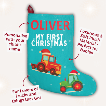 Personalised Santa tractor Christmas stocking for baby’s first Christmas – Ballard Bear