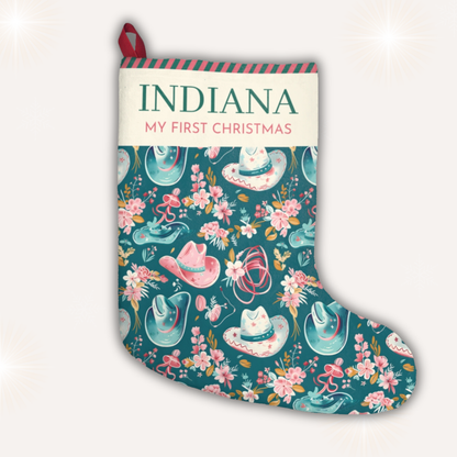 Personalised cowgirl Christmas stocking for baby’s first Christmas – Ballard Bear