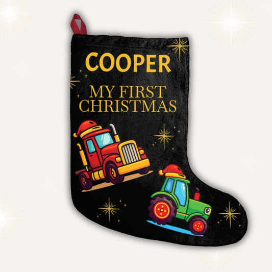 Personalised black tractor Christmas stocking for baby’s first Christmas – Ballard Bear