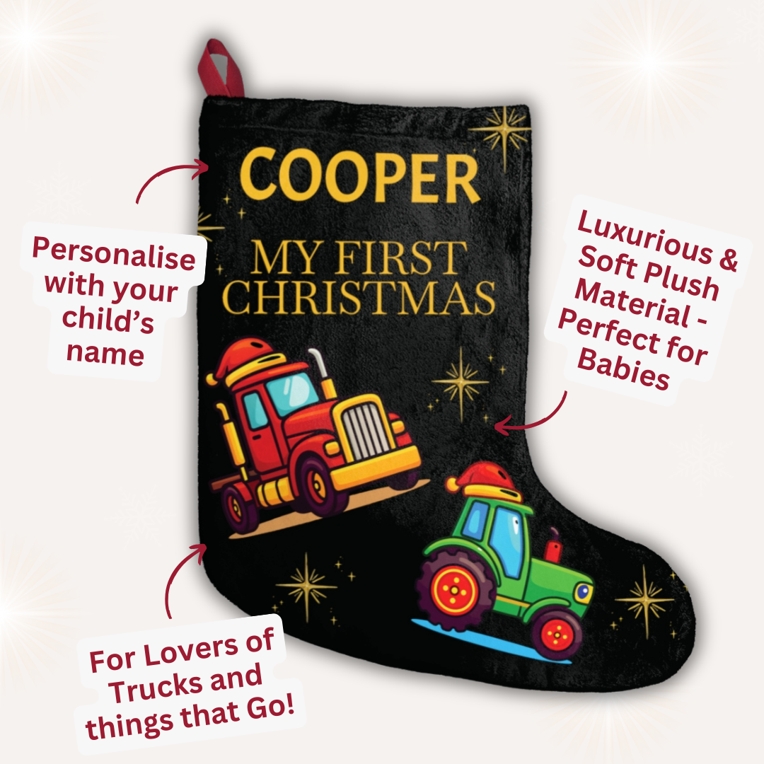 Personalised black tractor Christmas stocking for baby’s first Christmas – Ballard Bear