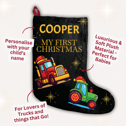 Personalised black tractor Christmas stocking for baby’s first Christmas – Ballard Bear