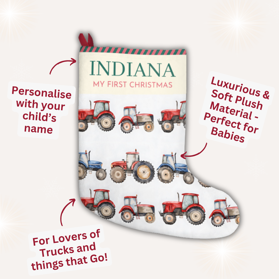 Personalised tractor Christmas stocking for baby’s first Christmas – Ballard Bear