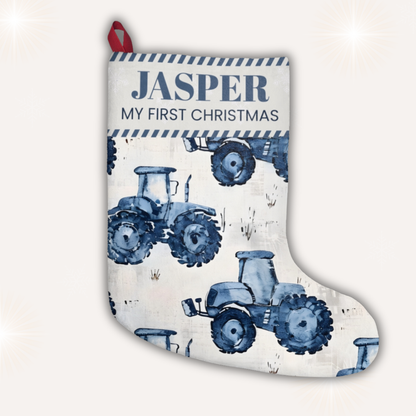 Personalised Blue Tractor First Christmas Stocking