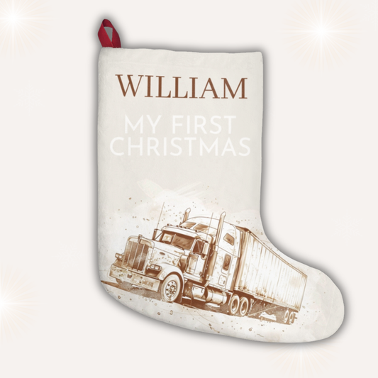 Personalised truck Christmas stocking for baby’s first Christmas – Ballard Bear