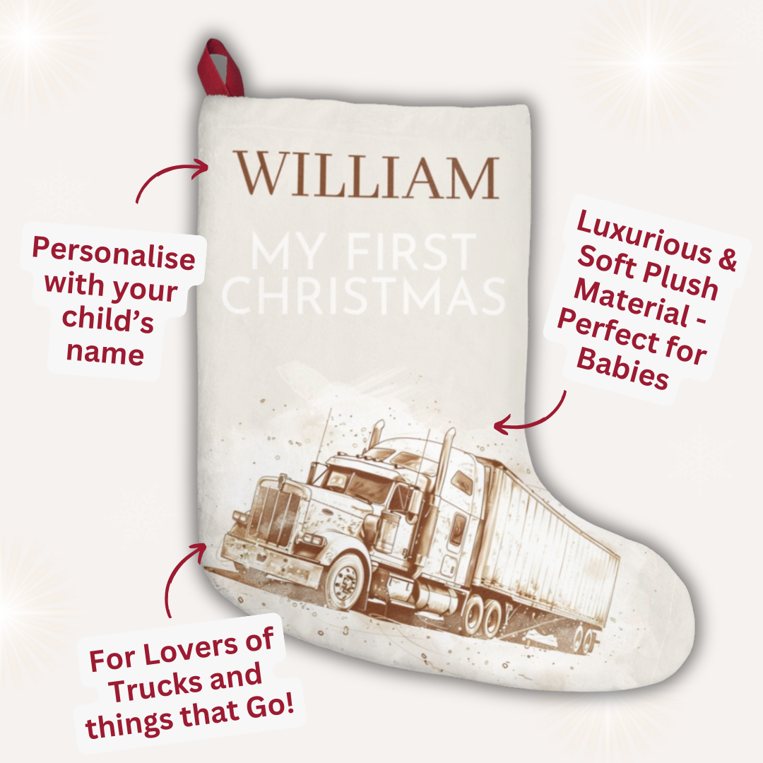 Personalised truck Christmas stocking for baby’s first Christmas – Ballard Bear