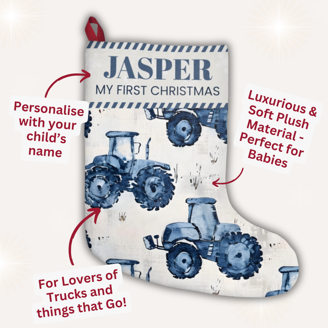 Personalised Blue Tractor First Christmas Stocking