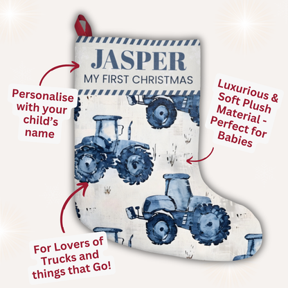 Personalised Blue Tractor First Christmas Stocking