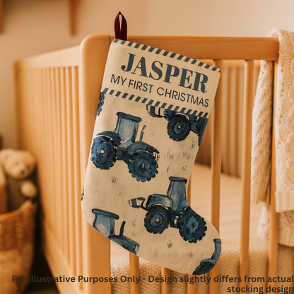 Personalised Blue Tractor First Christmas Stocking