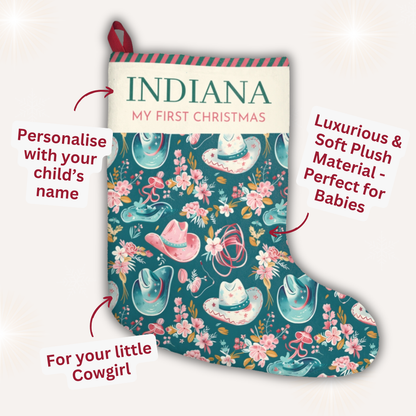 Personalized Christmas stocking with cowboy theme and text on a white background