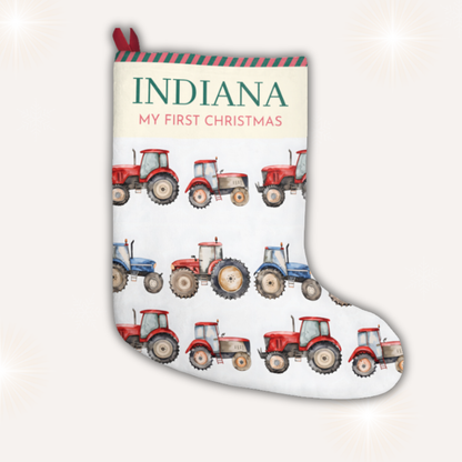 Personalised tractor Christmas stocking for baby’s first Christmas – Ballard Bear