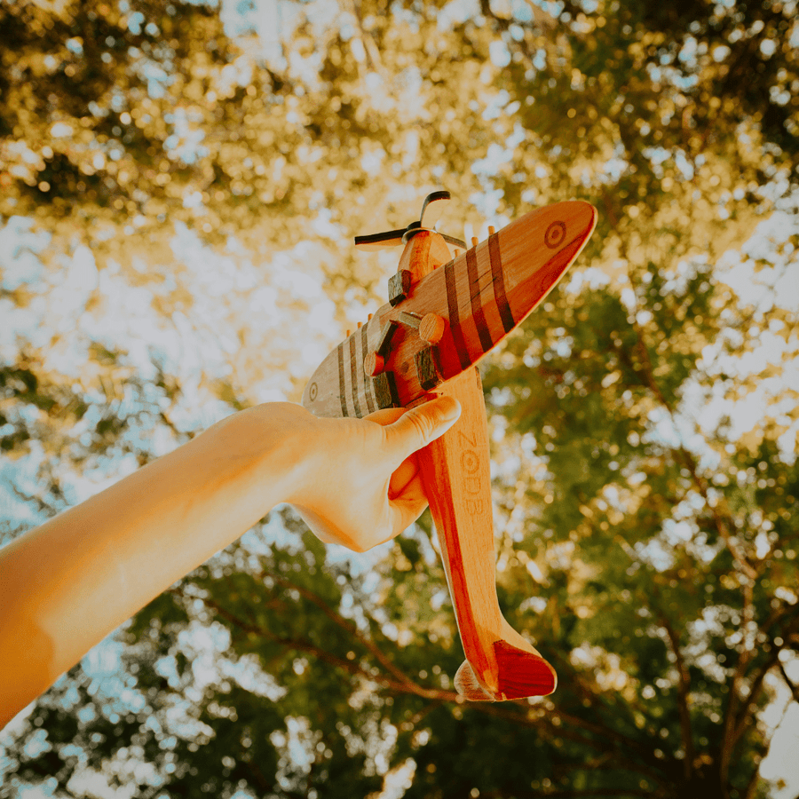 Child holding wooden plane toward sunlight