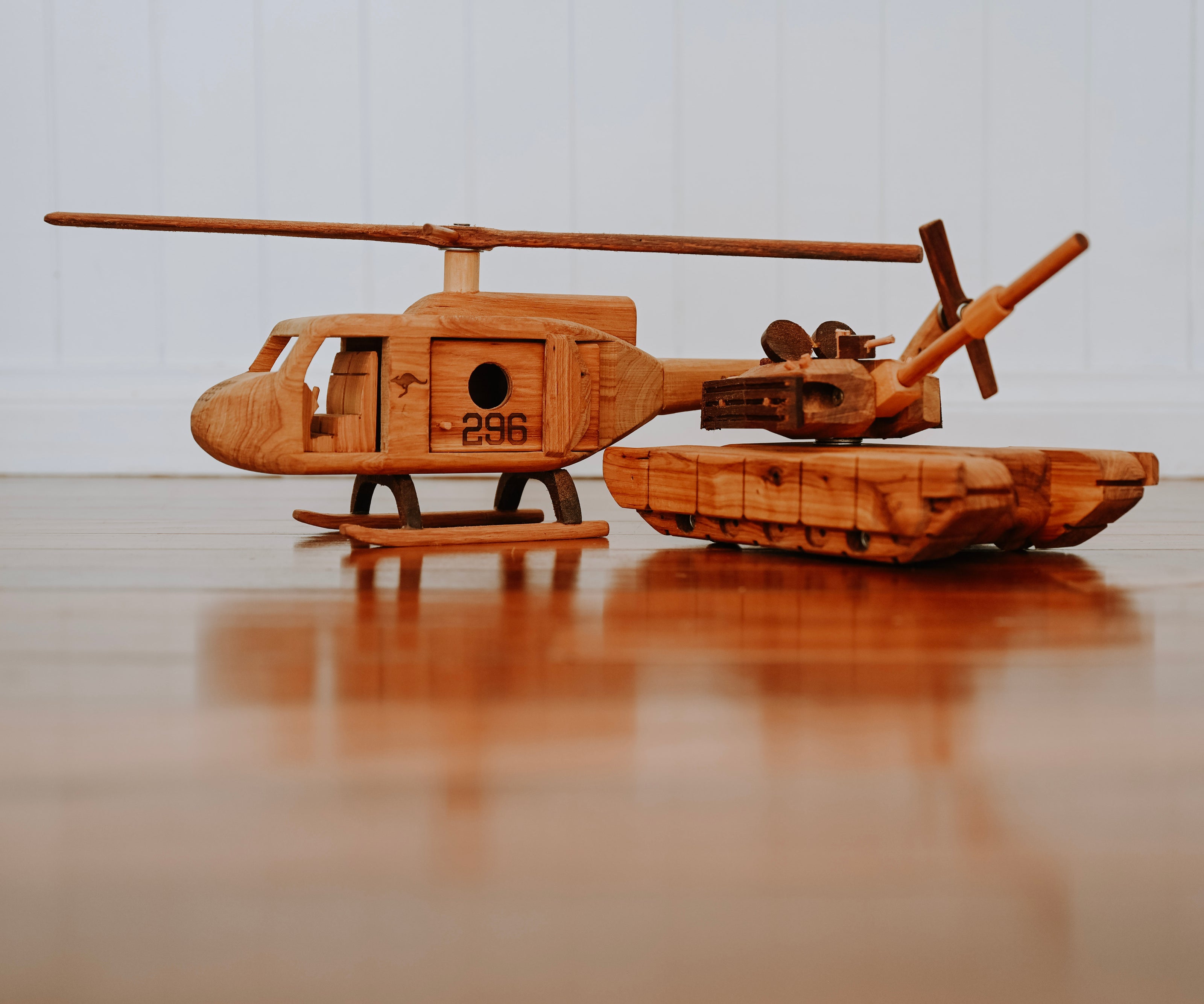 Bespoke Handcrafted Huey helicopter and tank. Australian Made Military models. Premium, kuxury, wooden