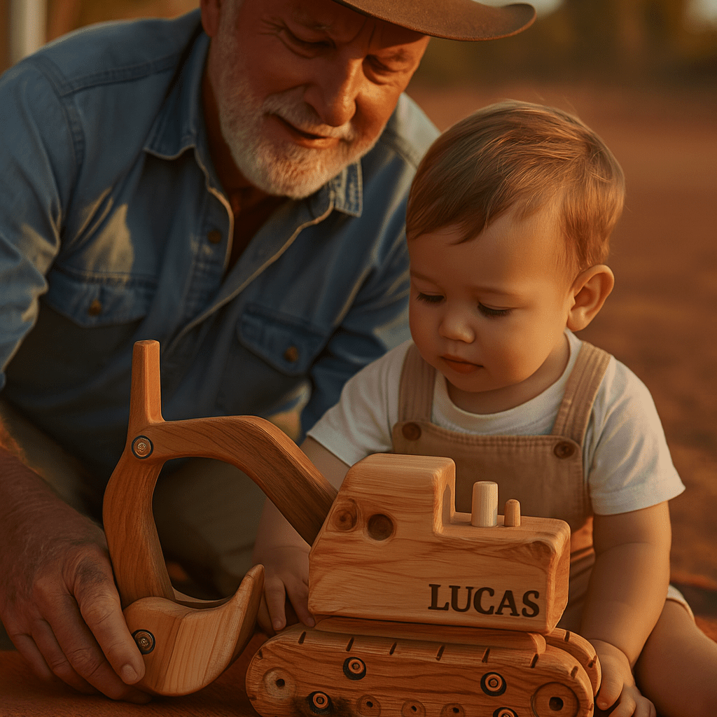 Grandfather and toddler with heirloom excavator